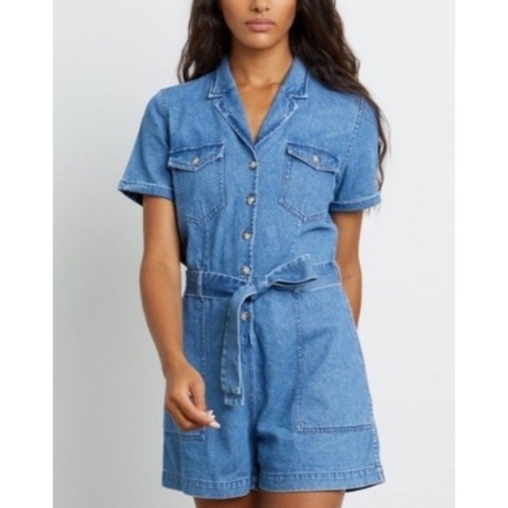 Rails Georgie Romper Women XS Blue Sorrento Wash Denim Belted Short Sleeve